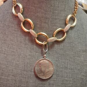 Two Tone Gold/Silver Tone Real US JFK Bicentennial Half Dollar Coin Necklace